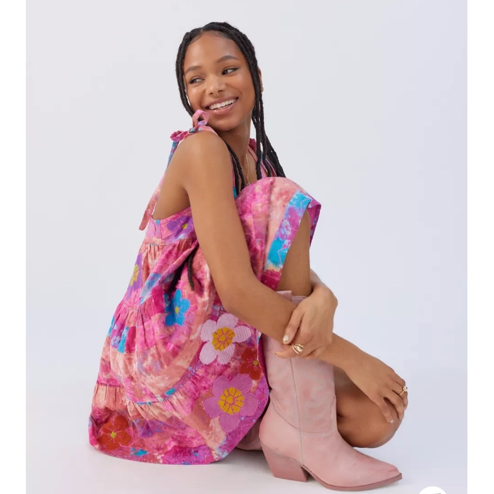 Kimchi Blue 100% Cotton Floral Boho Tiered Babydoll Mini Dress | Pink & Purple - Picture 5 of 9